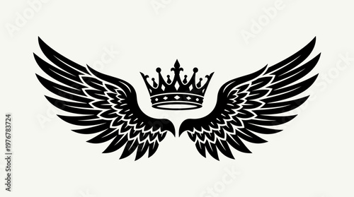Black silhouette of a royal crown with intricate details centered above two majestic, spread wings, symbolizing power and freedom.