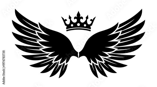 Black silhouette of majestic wings with a royal crown above, symbolizing power, freedom, and regal authority.