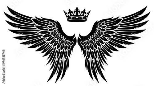 Black stylized wings with a royal crown centered above them, depicting a powerful and majestic emblem.