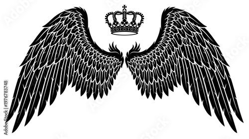 Black detailed wings with a royal crown centered above them, depicted in a graphic, emblematic style.