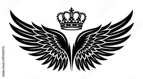 Black and white illustration of a regal crown centered above a pair of majestic, spread-out wings, symbolizing power and freedom.