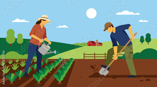 Two farmers diligently working in a sunny field, one watering plants and the other digging soil, with a barn and hills in the background.