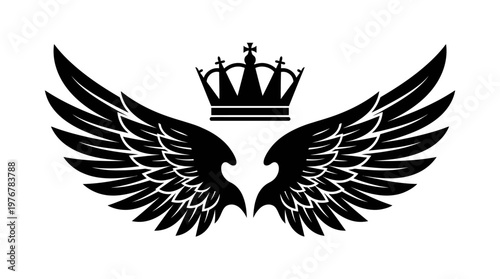 Black silhouette of majestic wings with a royal crown above, symbolizing power, freedom, and nobility in a graphic emblem style.