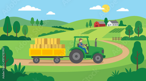 A vibrant illustration of a farmer driving a green tractor with a hay-filled trailer through a picturesque rural landscape with rolling hills, trees, and farm buildings under a sunny sky.