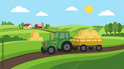 Green tractor pulling hay bales on a farm road with rolling hills and a barn under a sunny sky.