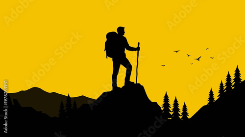 Silhouette of a lone hiker standing triumphantly on a mountain peak at sunset with birds flying in the golden sky and pine trees below.