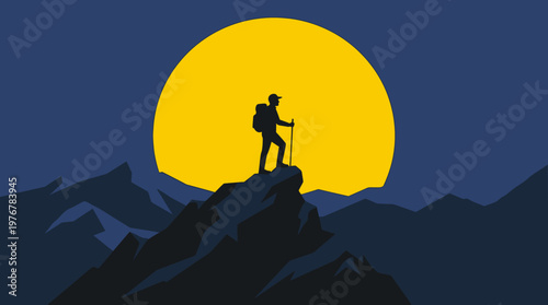 A silhouette of a hiker standing triumphantly on a mountain peak against a large, glowing yellow full moon in a dark blue night sky with other mountain ranges.