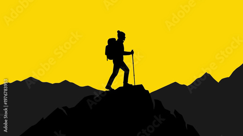 Silhouette of a lone hiker with a backpack and trekking pole standing triumphantly on a mountain peak against a vibrant yellow sky at sunrise or sunset, symbolizing adventure and exploration.