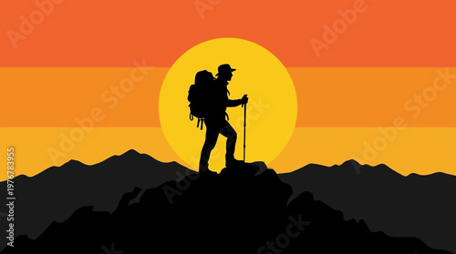 Silhouette of a hiker on a mountain peak at sunset, with a large orange sun in the background and other mountains.
