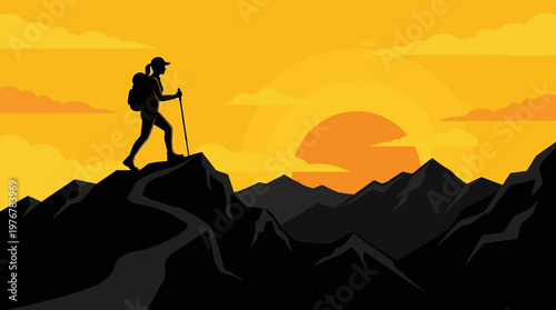 Silhouette of a hiker with a backpack and trekking pole on a mountain peak at sunset, with a vibrant orange sky.