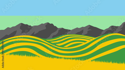 A vibrant, stylized illustration of rolling green and yellow fields leading to dark mountains under a blue and green sky.