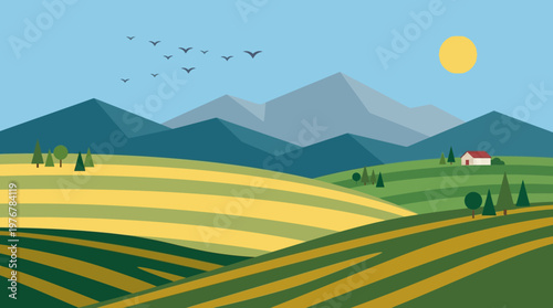 Flat design illustration of a serene rural landscape with rolling green and yellow fields, distant mountains, a small farmhouse, and birds flying under a bright sun.