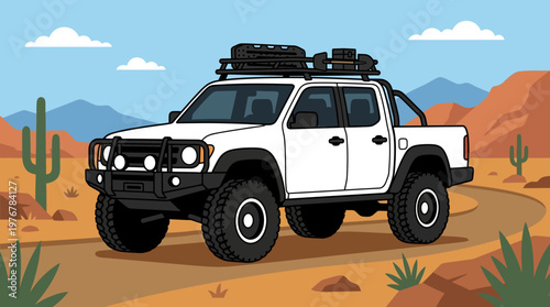 An illustrated white off-road pickup truck with a roof rack and large tires driving on a dirt road through a desert landscape with cacti and mountains under a blue sky.