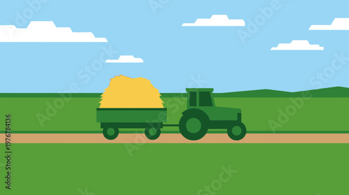 A green tractor pulling a trailer loaded with hay on a dirt road through green fields under a blue sky with clouds, in a flat design illustration.