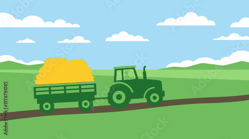 A green tractor pulling a trailer loaded with hay across a rural field under a blue sky with clouds, depicting agricultural work.