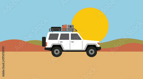 A white off-road SUV with a roof rack drives through a desert landscape under a large yellow sun, depicted in a flat illustration style.