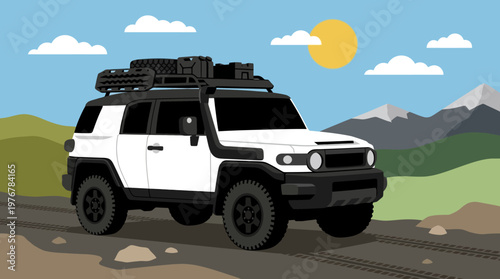 An illustration of a white off-road SUV with a roof rack and snorkel driving on a dirt road through a a mountainous landscape under a sunny sky.