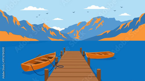 A picturesque landscape illustration featuring a calm lake, majestic mountains, a wooden pier, and two small boats under a clear sky.