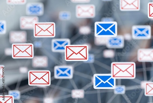 Email icons overlaid on a blurred cityscape, representing digital communication and network connections.