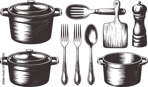 Vintage kitchenware collection featuring pots forks spoon slotted spoon cutting board and pepper mill