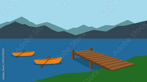 Flat illustration of a serene lake scene with two orange rowboats and a wooden dock, backed by layered mountains under a clear sky.