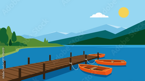 A peaceful illustration of a wooden pier on a blue lake with orange boats, surrounded by green mountains under a sunny sky.