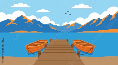 A serene landscape illustration featuring a wooden dock with two orange boats on a calm blue lake, surrounded by majestic mountains under a clear sky.