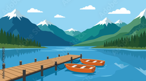 Serene mountain lake landscape with a wooden dock and two orange rowboats under a clear blue sky, surrounded by lush green forests.