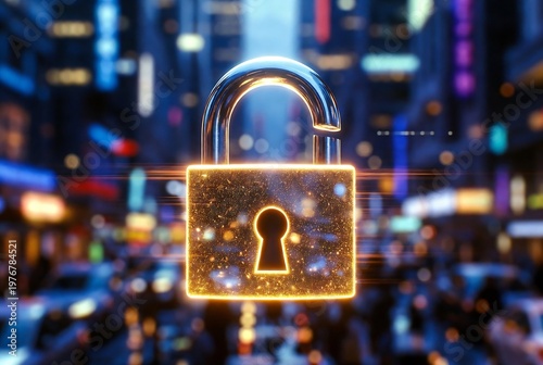 A digital lock superimposed over a blurred cityscape, representing cybersecurity and data protection.
