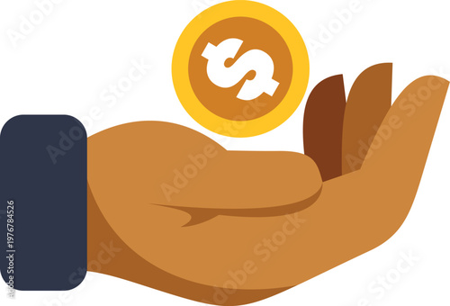 Hand offering a golden dollar coin, symbolizing money, wealth, and transaction