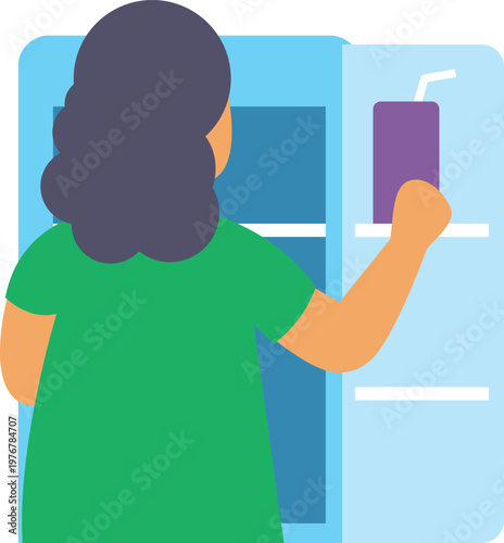 Woman grabbing a cold juice box from inside an open kitchen refrigerator
