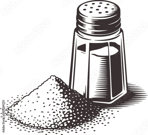 Vintage Style Salt Shaker and Pile of Salt White Background seasoning spice