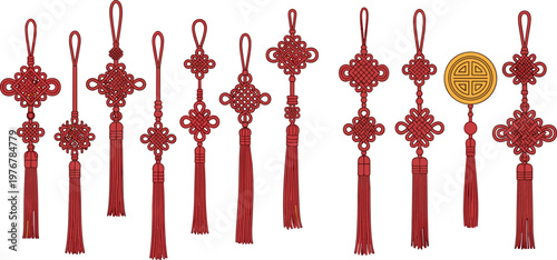 Set of Traditional Red Chinese Knot Decorations with Tassels and Gold Coins for Lunar New Year, Celebrations, and Cultural Designs