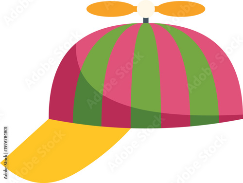 Propeller hat featuring colorful stripes and a yellow brim, symbolizing fun