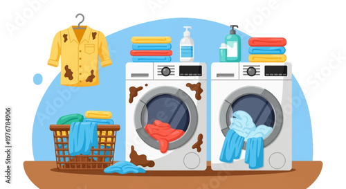 Flat vector illustration of a laundry scene featuring dirty and clean washing machines, mud-stained yellow shirt, laundry basket, stacks of folded towels, and detergent bottles.
