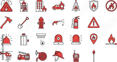 Set of Fire Safety and Emergency Icons Including Fire Trucks, Alarms, Extinguishers, and Hazards in Vector Illustrations for Safety, Rescue, and Public Services