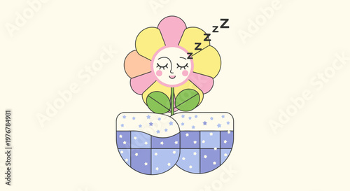 Adorable cartoon flower with sleepy face in a blue quilt pot vector illustration in pastel yellow pink and green colors