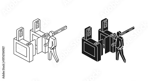 Isometric turnstile gate vector set, person passing through security barrier, subway entrance and office access control icons in line art style