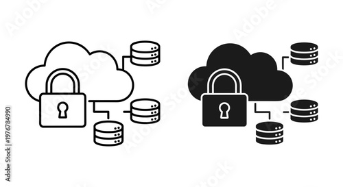 Cloud computing security icons, data storage protection with padlock and server database symbols, secure network hosting vector set