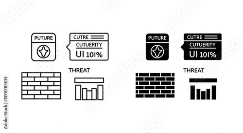Futuristic UI interface elements, cyberpunk HUD display icons set, sci-fi digital security and threat detection graphics, black and white vector assets