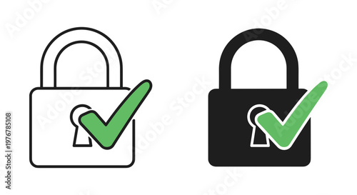Secure padlock icons with green checkmark, flat line and solid lock symbols for data protection, safety and security verification vector set