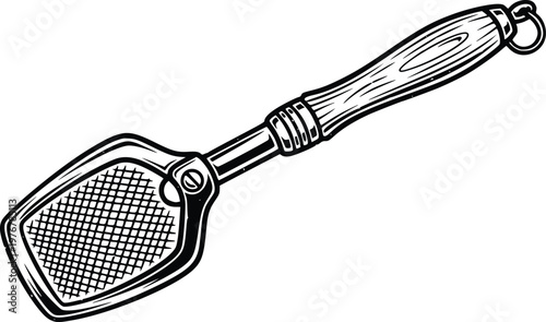 Vintage Folding Fishing Landing Net Hand Drawn Vector Engraving