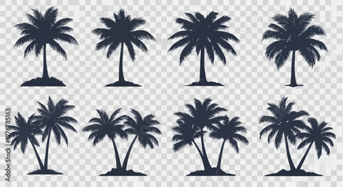 A collection of eight detailed black palm tree silhouettes featuring individual trees and multiple clusters, isolated on a transparent background for tropical and summer themes.
