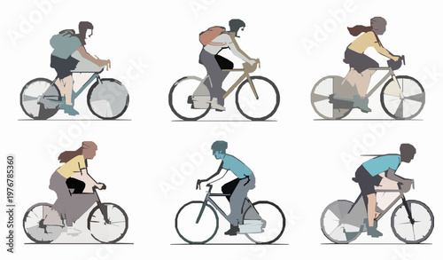 Cycling people vector collection with men and women on road and city bikes for urban active lifestyle design