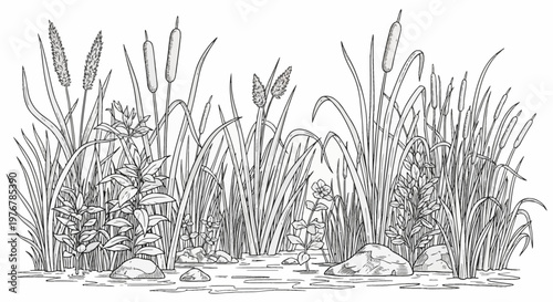 Black and white line drawing illustration of a wetland pond edge featuring bulrushes, cattails, tall reeds, and aquatic plants growing among stones at the water's edge in a nature scene.