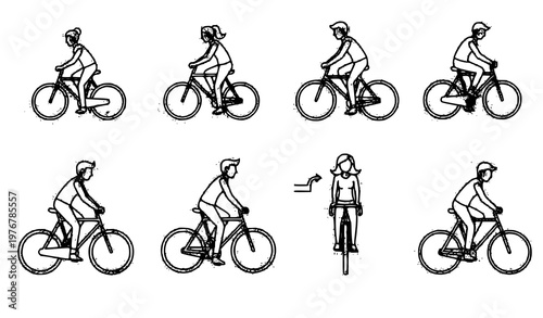 Cycling people outline icon vector set with men and women on city and road bicycles for active lifestyle