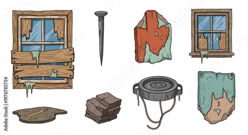 Hand-drawn vector set of abandoned building elements featuring boarded-up windows with slime, a metal nail, peeling paint on wood, cracked ground, stacked bricks, and debris.