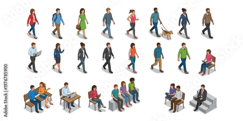 A versatile character sprite sheet displaying multiple people in different poses and movements including walking, standing, and sitting. Designed for animation workflows, simulation environments, and 
