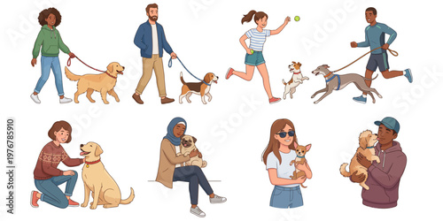 Charming illustration set of people interacting with pets such as dogs and cats. Perfect for lifestyle branding, pet care content, social media visuals, and family-friendly design themes.