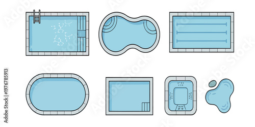 A collection of top-down swimming pool designs in various shapes including rectangular, oval, and freeform layouts. Ideal for architectural planning, landscape design, and simulation or game environme